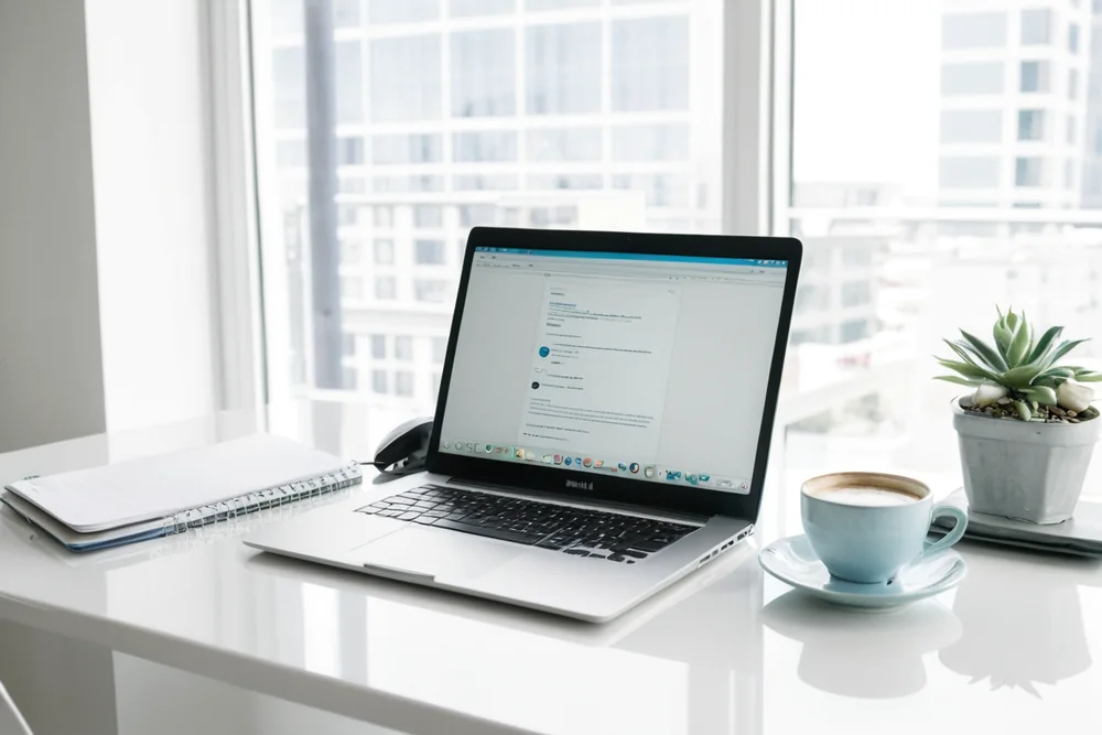 A laptop showing an email on a bright modern office desk