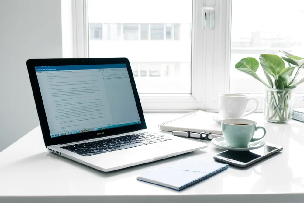 A laptop and phone on a bright workplace desk