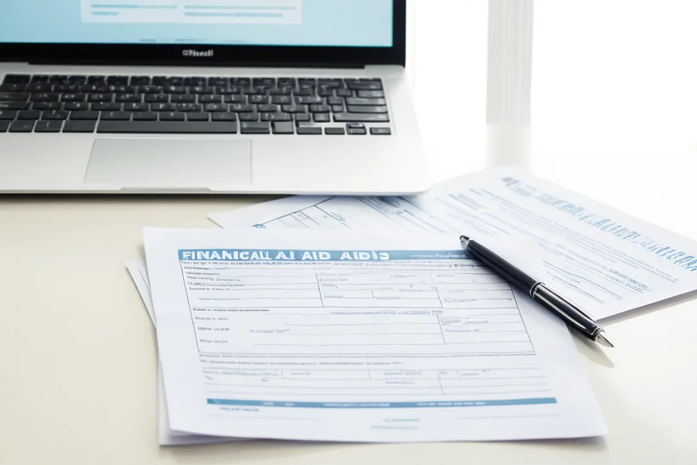 Financial aid forms and a laptop on a clean desk