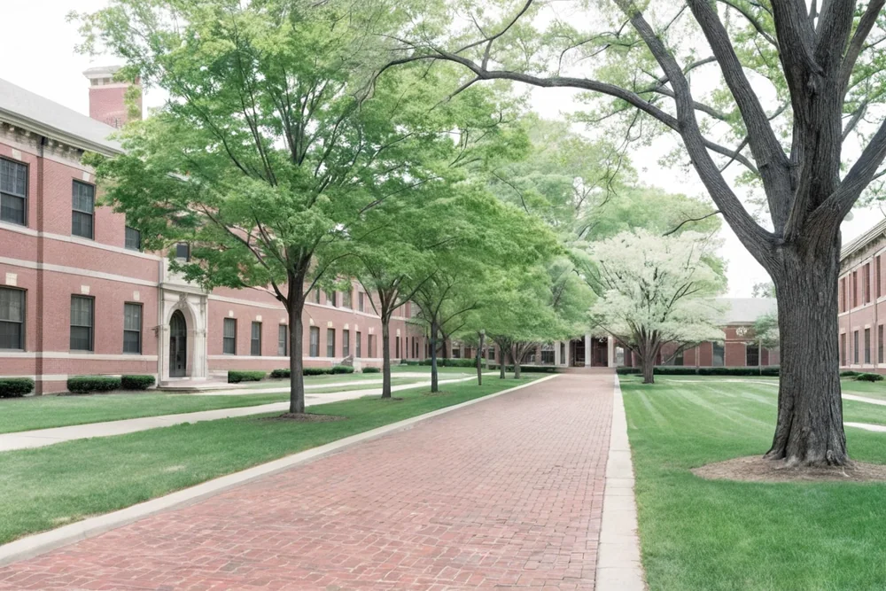 A US college campus path between brick buildings