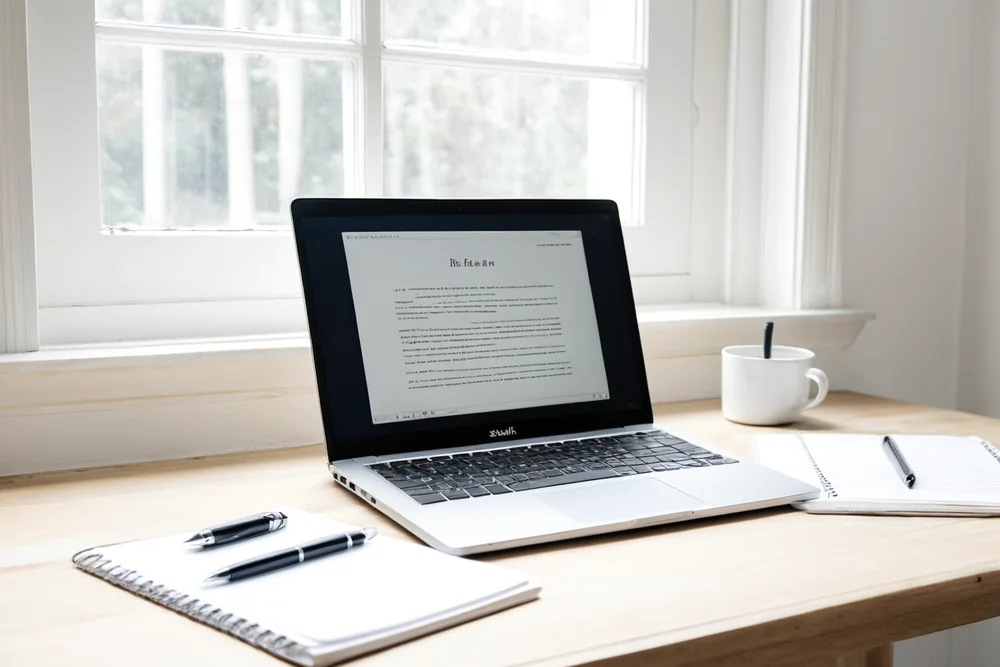 A laptop with a draft and a notebook on a bright desk