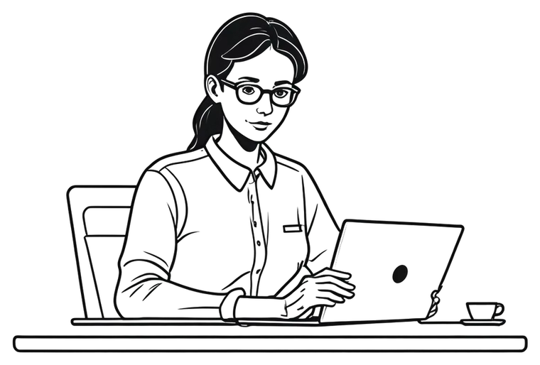 Line drawing of an adult learner writing at a laptop