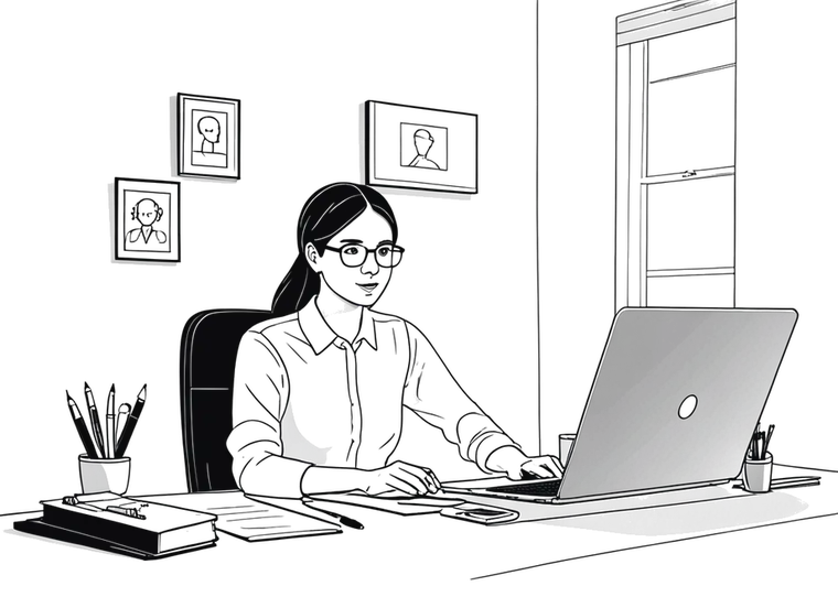 Line drawing of a woman in an online writing tutoring session at her laptop