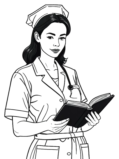 Line drawing of an applicant reading her personal statement notes