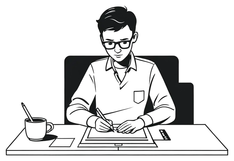 Line drawing of a student writing an essay at a desk